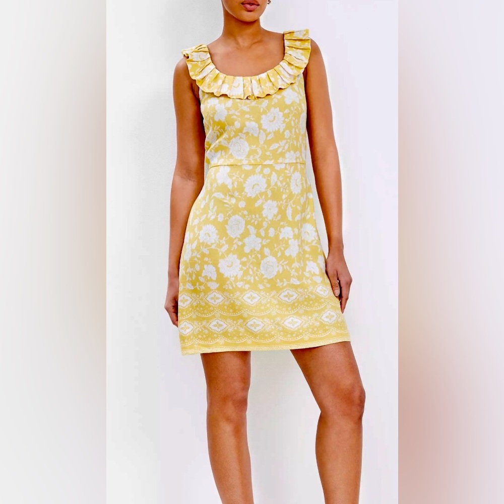 LOFT Yellow Ruffle-Neck Floral Mini Dress 12P linen blend Spring New